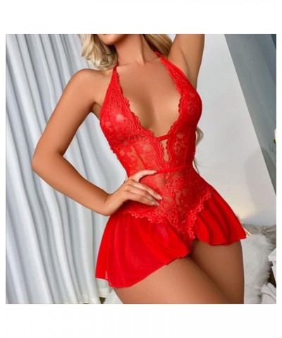 Lingerie for Women Sexy Mesh Lace See Through Chemise Babydoll Boudoir Teddy Babydoll Clubwear Chemises Bodysuit Red2 $8.11 L...