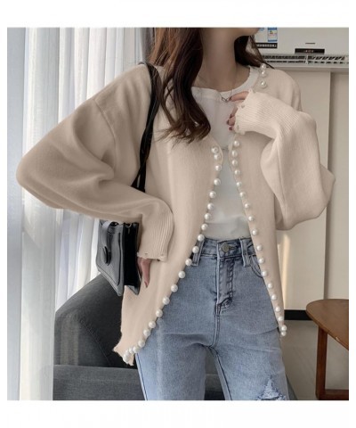 Women's Solid Cardigan Sweater Elegant Long Sleeve Pearls Trim Beading Outwear Apricot $24.77 Sweaters