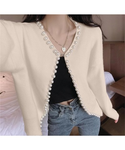 Women's Solid Cardigan Sweater Elegant Long Sleeve Pearls Trim Beading Outwear Apricot $24.77 Sweaters