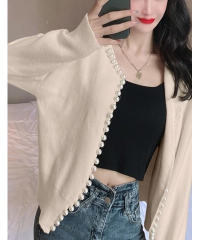 Women's Solid Cardigan Sweater Elegant Long Sleeve Pearls Trim Beading Outwear Apricot $24.77 Sweaters