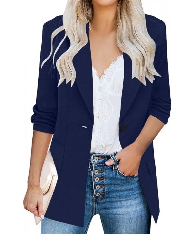 Womens Casual Blazers 3/4 Stretchy Ruched Sleeve One Button Work Office Blazer Open Front Jacket S-XXXL Navy Blue $20.65 Blazers