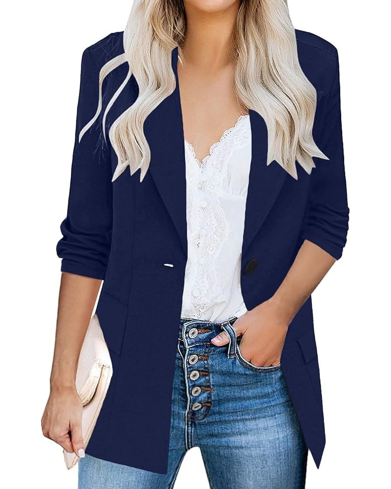 Womens Casual Blazers 3/4 Stretchy Ruched Sleeve One Button Work Office Blazer Open Front Jacket S-XXXL Navy Blue $20.65 Blazers