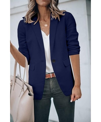 Womens Casual Blazers 3/4 Stretchy Ruched Sleeve One Button Work Office Blazer Open Front Jacket S-XXXL Navy Blue $20.65 Blazers