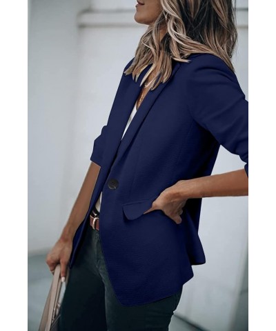 Womens Casual Blazers 3/4 Stretchy Ruched Sleeve One Button Work Office Blazer Open Front Jacket S-XXXL Navy Blue $20.65 Blazers