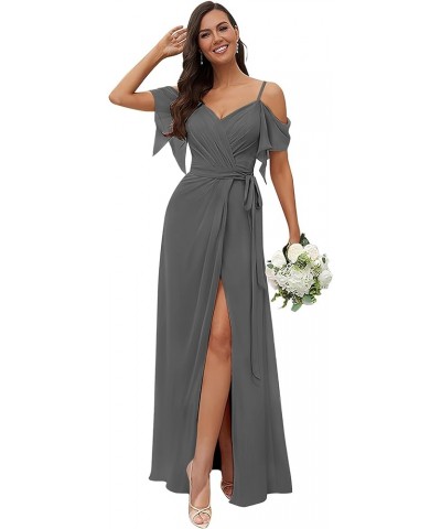Women's Off The Shoulder Chiffon Bridesmaid Dress for Wedding Split Long Formal Dress Grey $25.85 Dresses