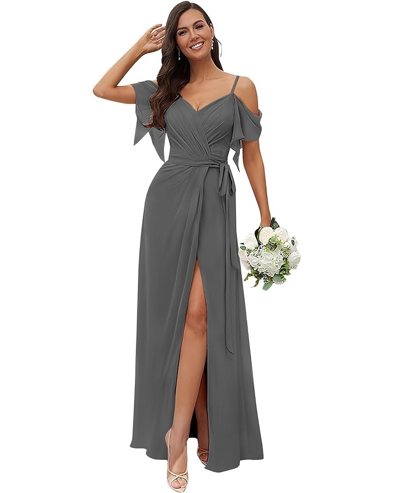 Women's Off The Shoulder Chiffon Bridesmaid Dress for Wedding Split Long Formal Dress Grey $25.85 Dresses