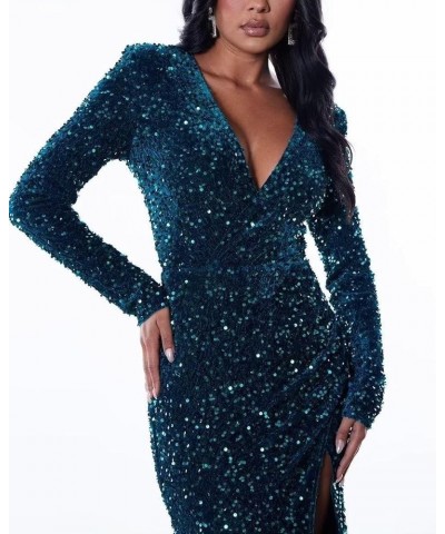 Long Sleeve Prom Dress with Slit Sequin Long Sparkly Long Sleeve Formal Dress Evening Party Gowns Green $32.76 Dresses