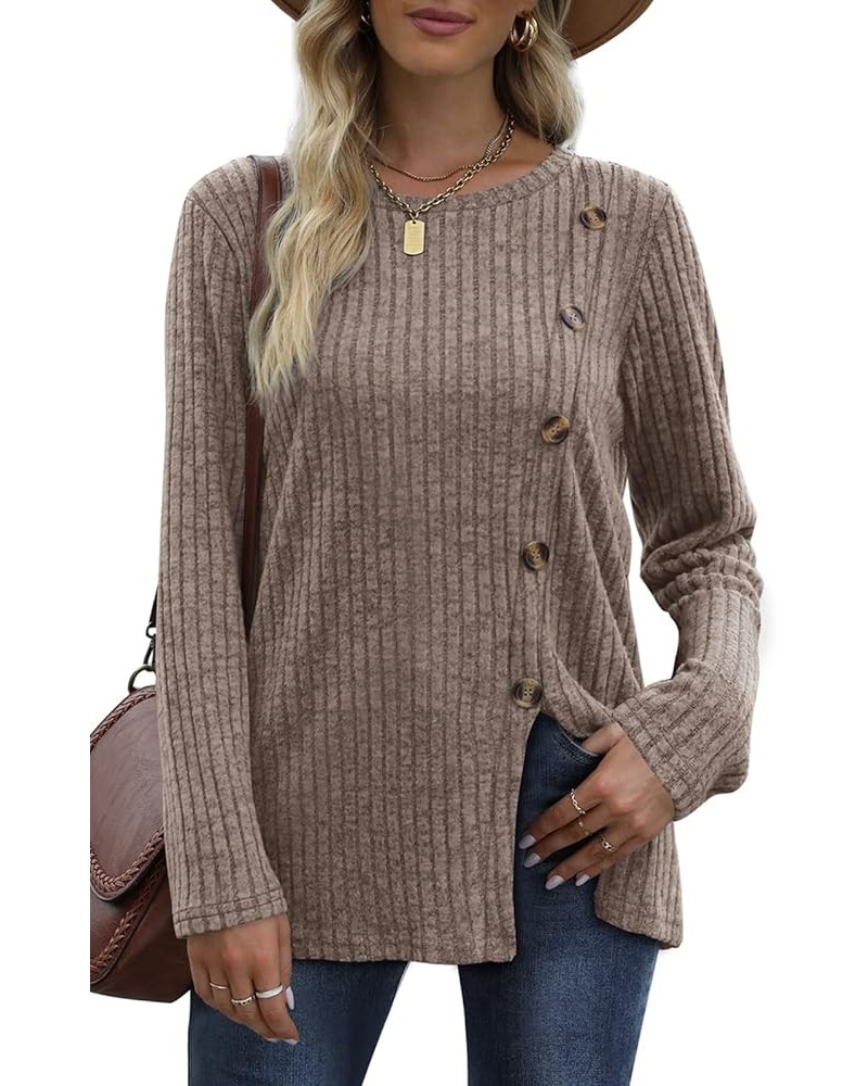 Women's Crew Neck Long Sleeve Shirts Tunic Tops Buttons Side Slit H- Coffee $11.76 Tops