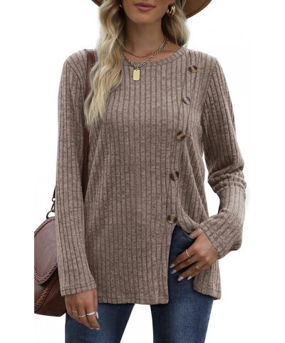 Women's Crew Neck Long Sleeve Shirts Tunic Tops Buttons Side Slit H- Coffee $11.76 Tops