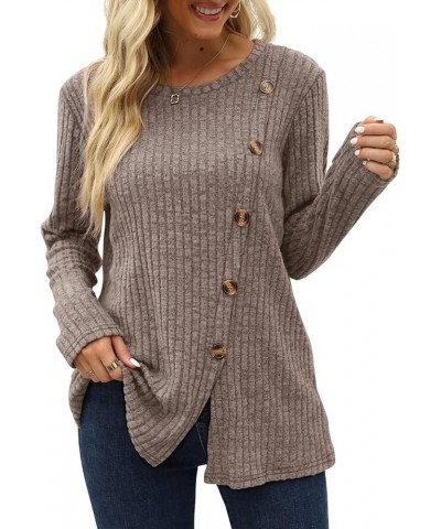 Women's Crew Neck Long Sleeve Shirts Tunic Tops Buttons Side Slit H- Coffee $11.76 Tops