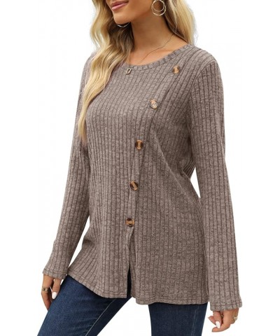 Women's Crew Neck Long Sleeve Shirts Tunic Tops Buttons Side Slit H- Coffee $11.76 Tops