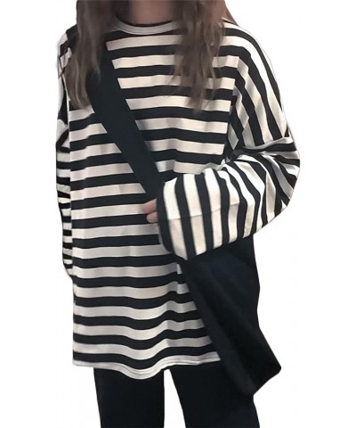 Women Harajuku Oversized Stripe Casual Long Sleeves Crewneck T-Shirt Tee Tops Blackwhite $12.46 T-Shirts
