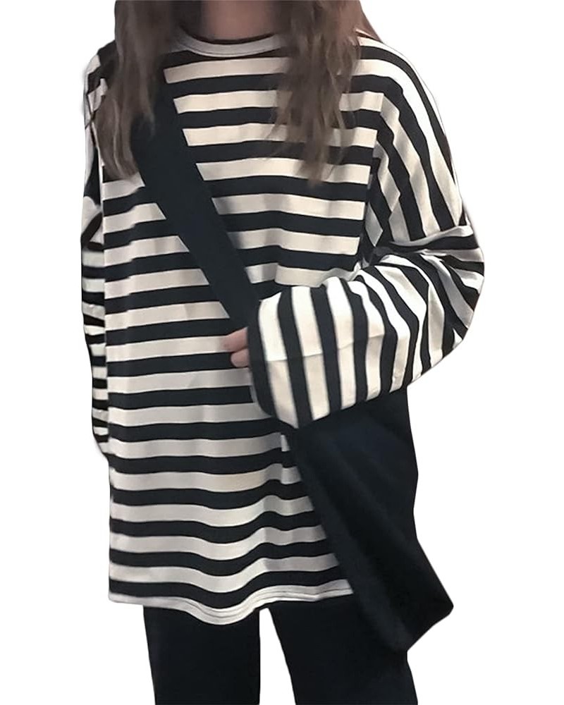 Women Harajuku Oversized Stripe Casual Long Sleeves Crewneck T-Shirt Tee Tops Blackwhite $12.46 T-Shirts