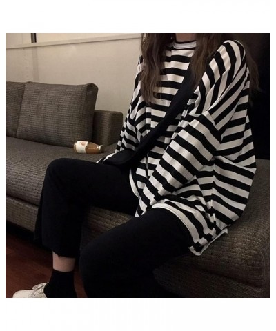 Women Harajuku Oversized Stripe Casual Long Sleeves Crewneck T-Shirt Tee Tops Blackwhite $12.46 T-Shirts