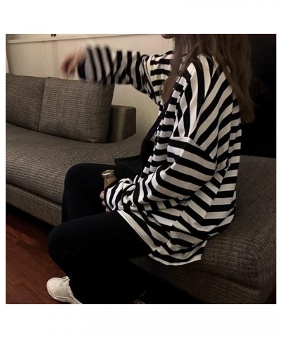 Women Harajuku Oversized Stripe Casual Long Sleeves Crewneck T-Shirt Tee Tops Blackwhite $12.46 T-Shirts