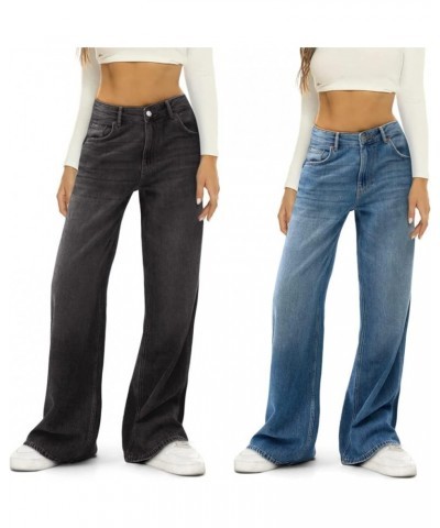 Women's Wide Leg Denim Pants High Waist Straight Baggy Jeans Loose Pants Trousers Y2K Fashion Streetwear Blue $9.66 Jeans