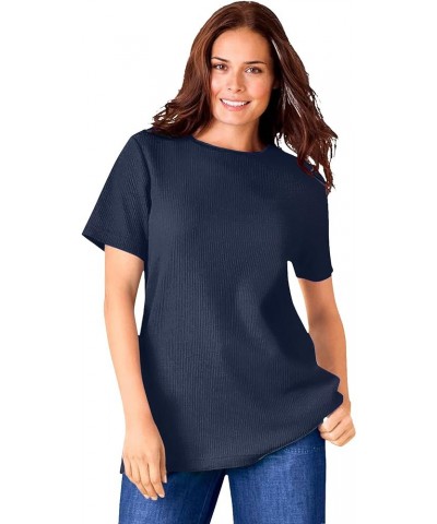 Women's Plus Size Thermal Waffle Short-Sleeve Satin-Trim Tee Shirt Navy $13.82 T-Shirts