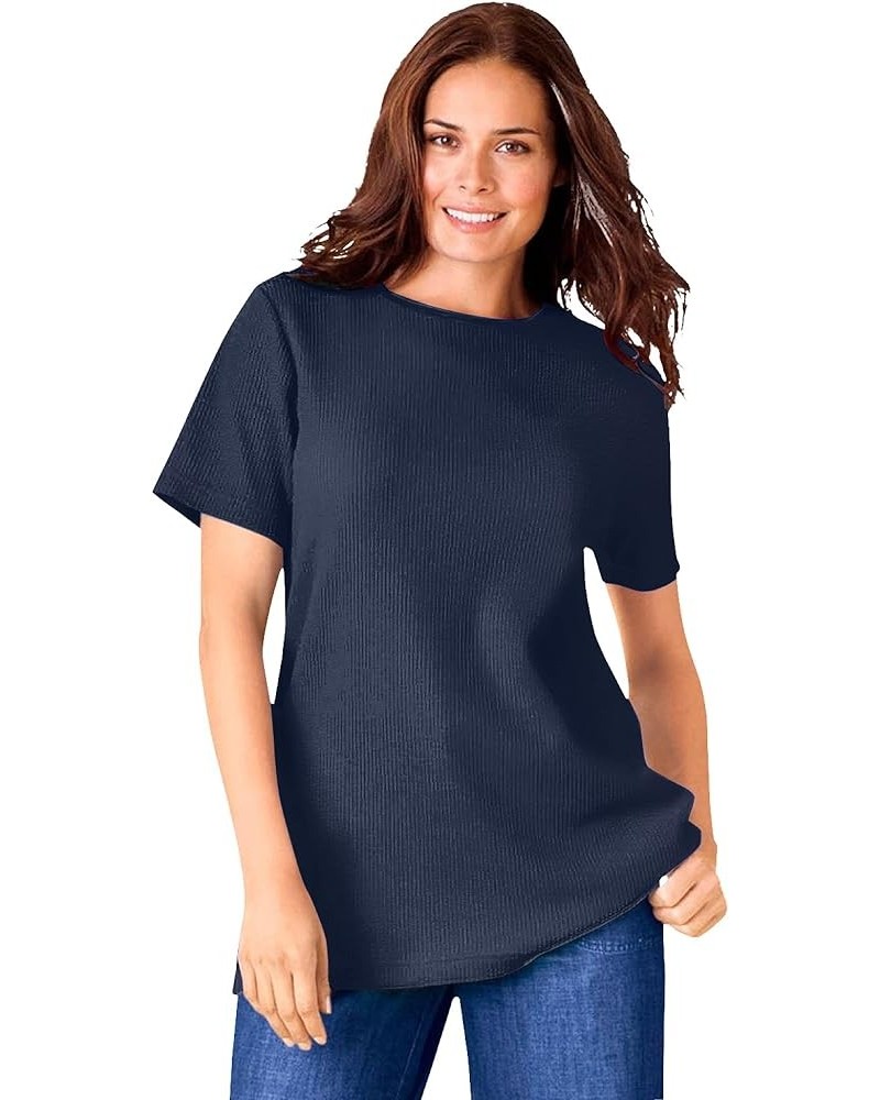 Women's Plus Size Thermal Waffle Short-Sleeve Satin-Trim Tee Shirt Navy $13.82 T-Shirts