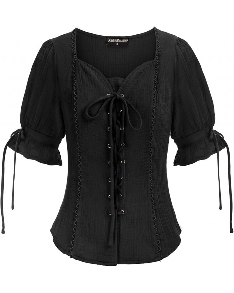 Renaissance Shirts for Women Summer Plus Size Lace-up Tops Tee Black $23.84 Tops