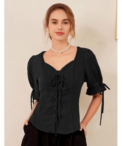 Renaissance Shirts for Women Summer Plus Size Lace-up Tops Tee Black $23.84 Tops