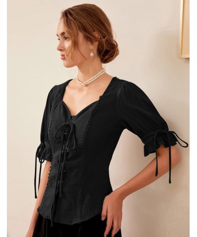 Renaissance Shirts for Women Summer Plus Size Lace-up Tops Tee Black $23.84 Tops