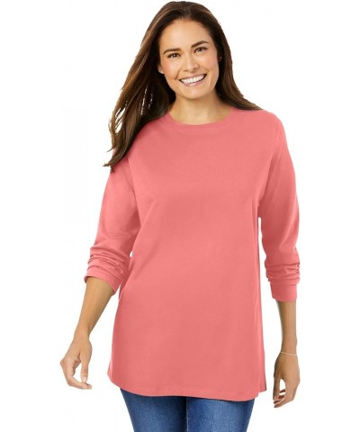 Women's Plus Size Perfect Long-Sleeve Crewneck Tee Shirt Sweet Coral $13.92 Shirts