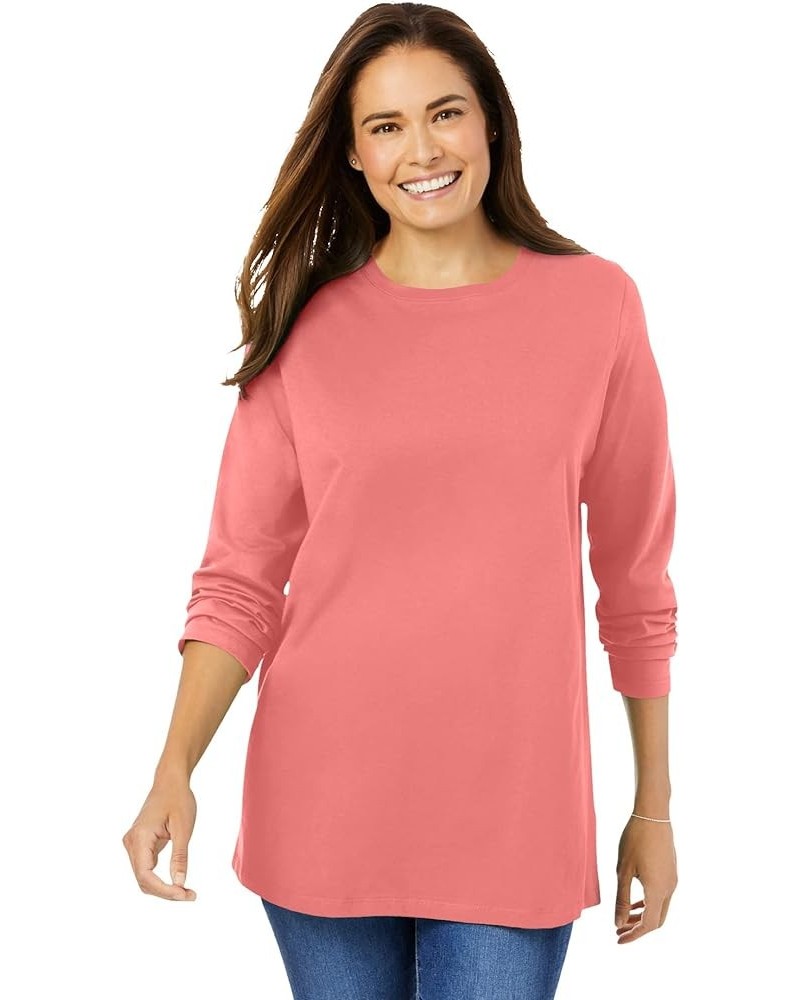 Women's Plus Size Perfect Long-Sleeve Crewneck Tee Shirt Sweet Coral $13.92 Shirts