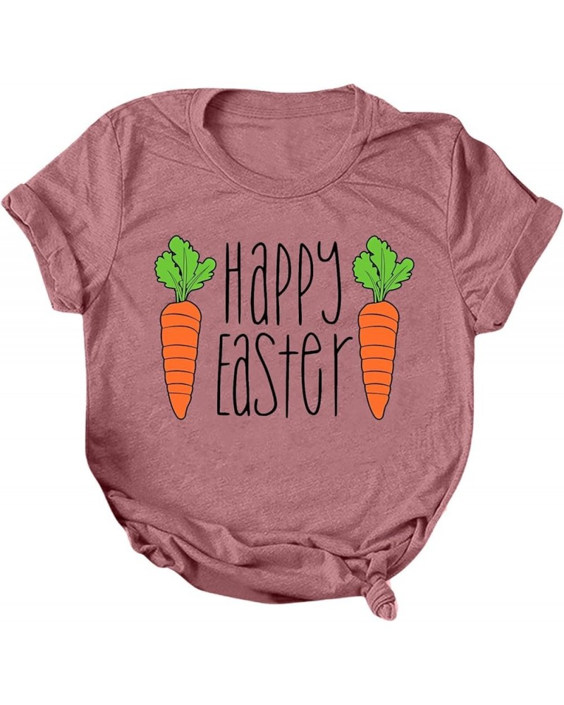 Happy Easter Shirts for Women Funny Cute Bunny Graphic Tees Short Sleeve Crewneck Summer Holiday Tops Pullover F-pink $4.54 A...