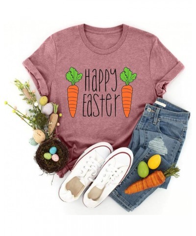 Happy Easter Shirts for Women Funny Cute Bunny Graphic Tees Short Sleeve Crewneck Summer Holiday Tops Pullover F-pink $4.54 A...