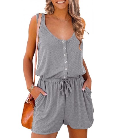 Women's Summer Casual Shorts Jumpsuit Plain Scoop Neck Button Down Sleeveless Tank Top Rompers With Pockets Grey $16.32 Rompers