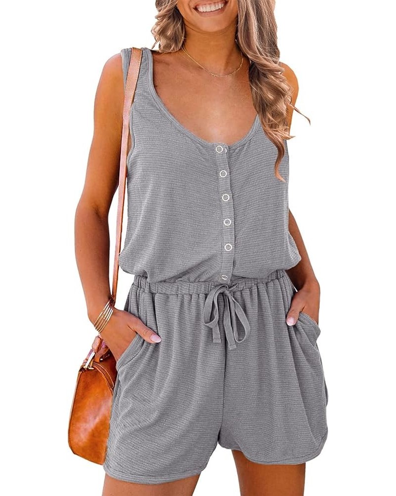 Women's Summer Casual Shorts Jumpsuit Plain Scoop Neck Button Down Sleeveless Tank Top Rompers With Pockets Grey $16.32 Rompers