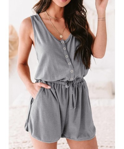 Women's Summer Casual Shorts Jumpsuit Plain Scoop Neck Button Down Sleeveless Tank Top Rompers With Pockets Grey $16.32 Rompers