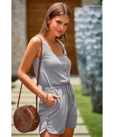 Women's Summer Casual Shorts Jumpsuit Plain Scoop Neck Button Down Sleeveless Tank Top Rompers With Pockets Grey $16.32 Rompers