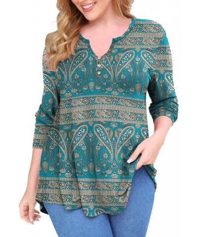 Women's Plus Size Long Sleeve Flowy Henley Shirt V Neck Tunic Tops A-7-multi Green $10.75 Tops