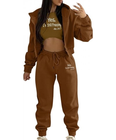 Womens 3 Piece Lounge Set Crop Tank Top Zipper Hoodie Jacket Sweatsuits Casual Tracksuit Sets Workout Jogging Suits A3-brown?...