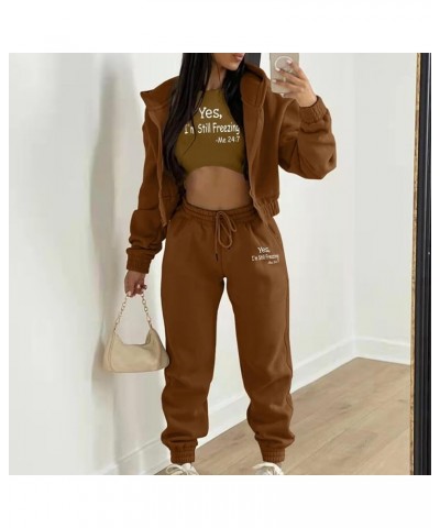 Womens 3 Piece Lounge Set Crop Tank Top Zipper Hoodie Jacket Sweatsuits Casual Tracksuit Sets Workout Jogging Suits A3-brown?...