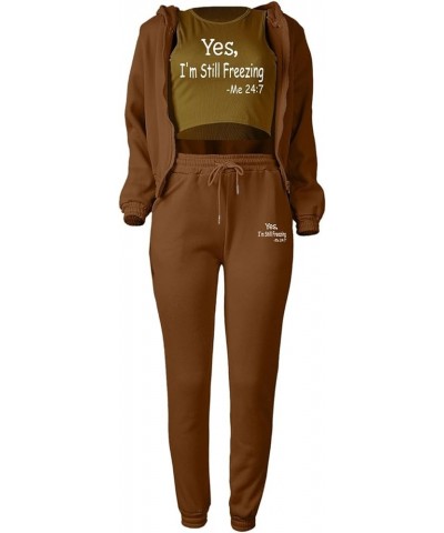 Womens 3 Piece Lounge Set Crop Tank Top Zipper Hoodie Jacket Sweatsuits Casual Tracksuit Sets Workout Jogging Suits A3-brown?...