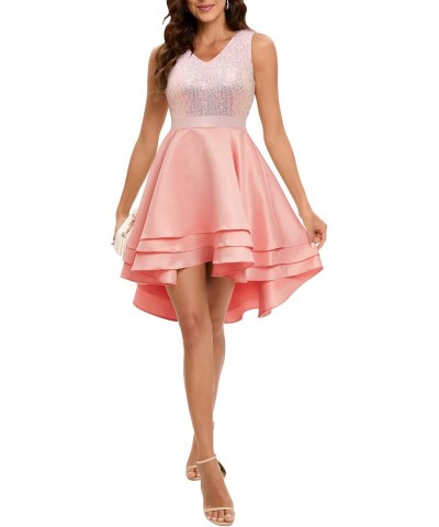 Cocktail Dress for Women High Low Sequin Mini Dress Satin A-line V Neck Party Dress Pink 2XL $26.65 Dresses