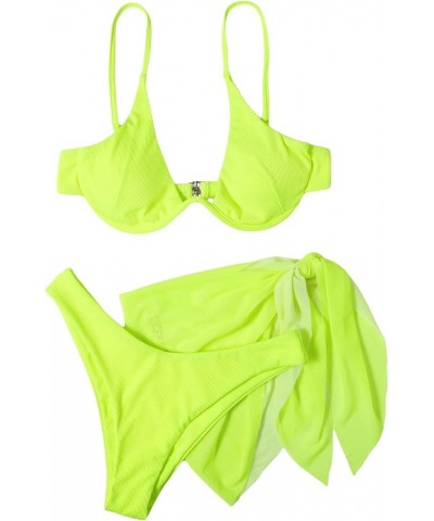 Women's 3 Piece Bikini Set with Mesh Beach Skirt Underwire Triangle High Cut Swimsuit Yellow $18.28 Swimsuits