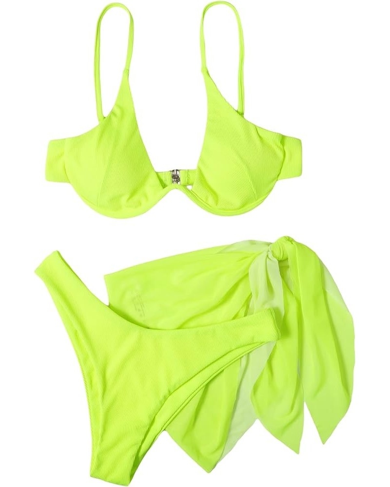 Women's 3 Piece Bikini Set with Mesh Beach Skirt Underwire Triangle High Cut Swimsuit Yellow $18.28 Swimsuits