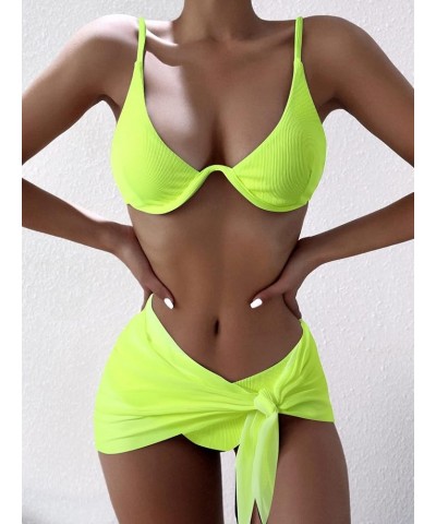 Women's 3 Piece Bikini Set with Mesh Beach Skirt Underwire Triangle High Cut Swimsuit Yellow $18.28 Swimsuits