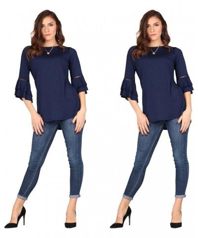 Women's Crochet Accent Sleeve Tunic, Loose Casual Stretchable Pullover Navy/Navy $22.79 Tops