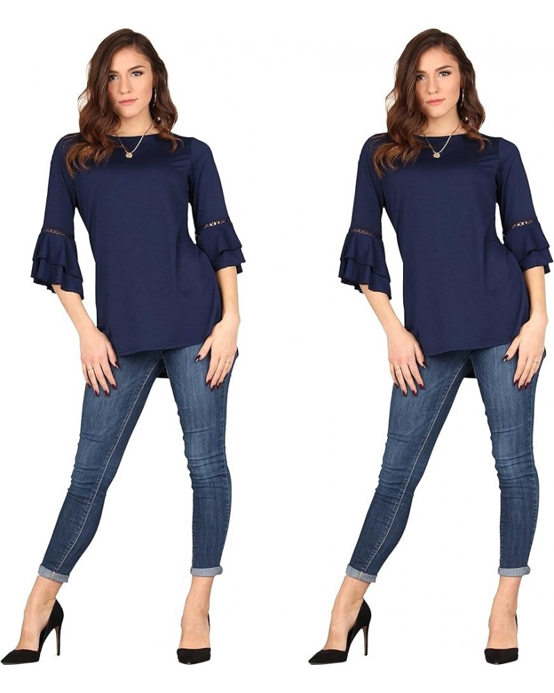 Women's Crochet Accent Sleeve Tunic, Loose Casual Stretchable Pullover Navy/Navy $22.79 Tops