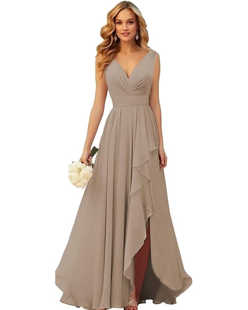 Chiffon Bridesmaid Dresses Long V Neck with Slit Ruffle Pleated Empire Waist Formal Dresses for Wedding Taupe $31.34 Dresses