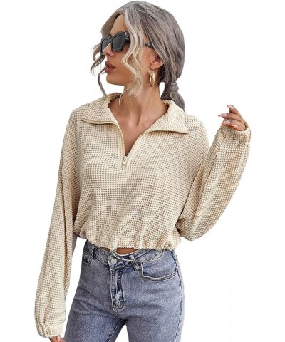 Women's Casual Long Sleeve Half Zipper Front Sweatshirt Drawstring Crop Waffle Knit Tops Beige Beige $10.75 Hoodies & Sweatsh...