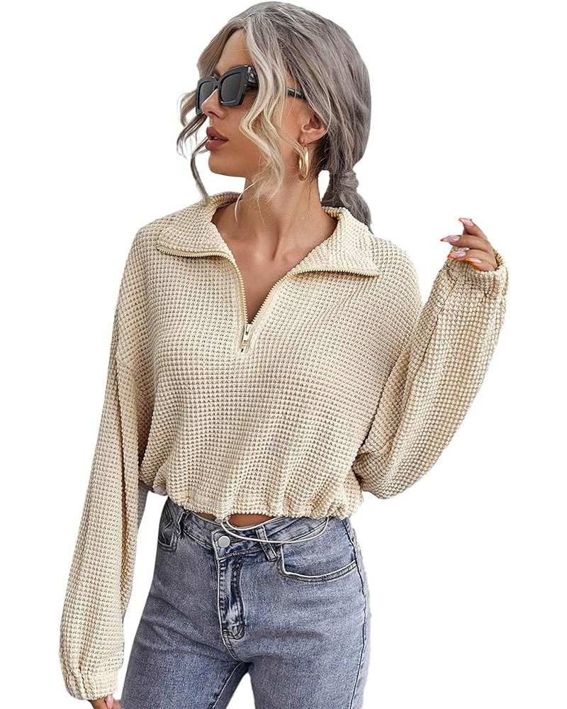 Women's Casual Long Sleeve Half Zipper Front Sweatshirt Drawstring Crop Waffle Knit Tops Beige Beige $10.75 Hoodies & Sweatsh...