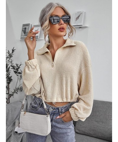 Women's Casual Long Sleeve Half Zipper Front Sweatshirt Drawstring Crop Waffle Knit Tops Beige Beige $10.75 Hoodies & Sweatsh...