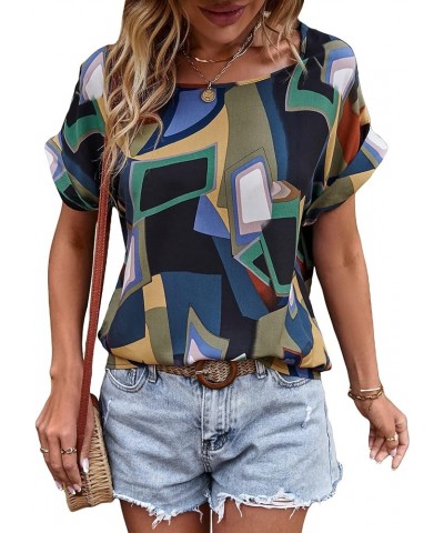 Women's Casual Crewneck Short Sleeve Satin Blouse Bat Wing Sleeve Solid Top Z Multicolor $10.08 Blouses
