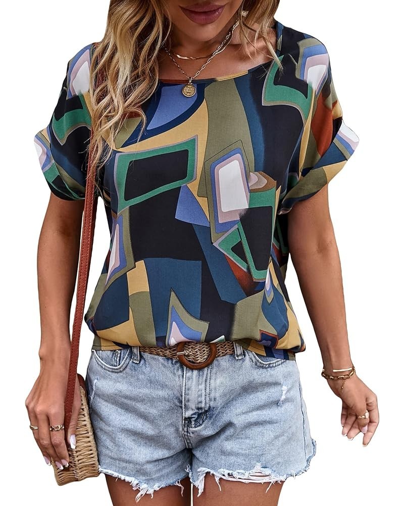 Women's Casual Crewneck Short Sleeve Satin Blouse Bat Wing Sleeve Solid Top Z Multicolor $10.08 Blouses