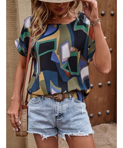 Women's Casual Crewneck Short Sleeve Satin Blouse Bat Wing Sleeve Solid Top Z Multicolor $10.08 Blouses